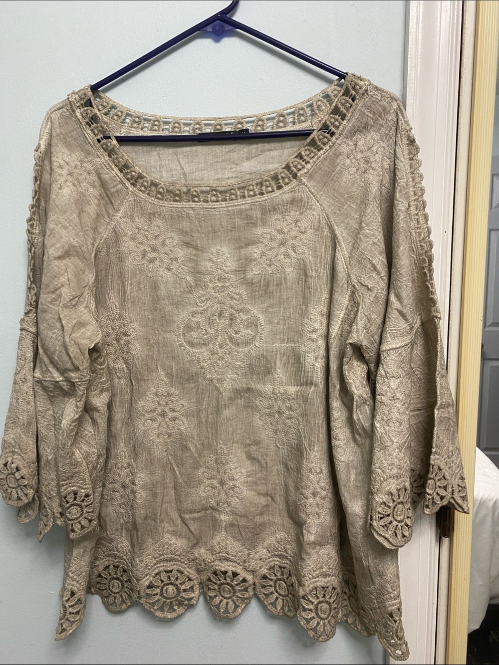 Boho Crochet-Trim Scoop Neck Tunic in Light Beige